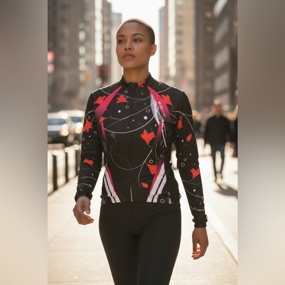Weimostar Women Long Sleeve Cycling Shirt Full Zip Size XL NWT Black Abstract